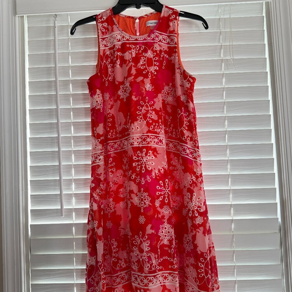 Calvin Klein Shift Dress in Pink & Orange with Embroidery (Size: 6)